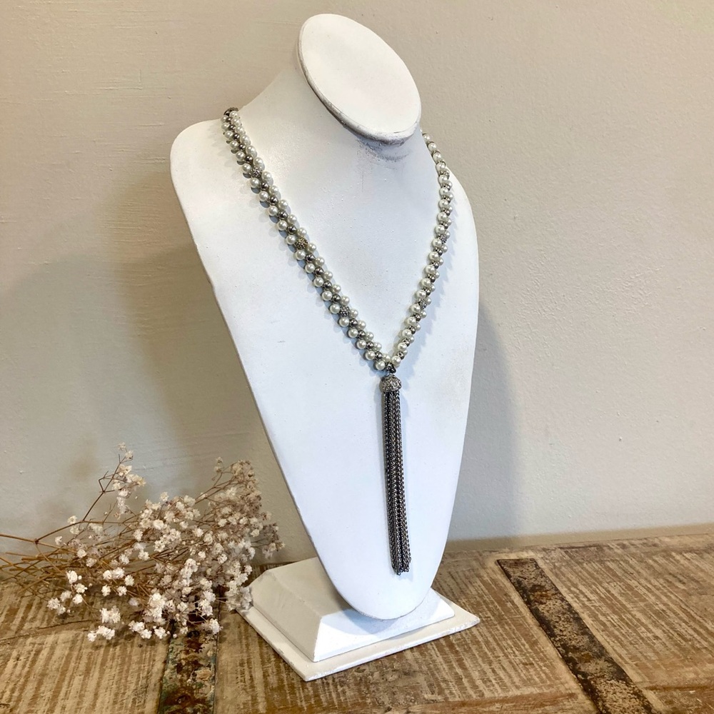 White House Black Market Silver Tone Faux Pearl Rhinestone Tassel Necklace - Picture 2 of 16